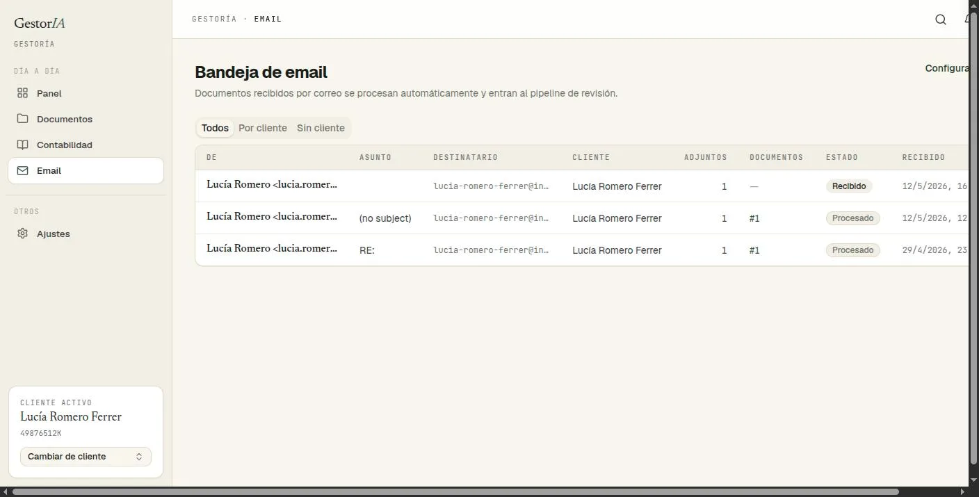 Bandeja de email de GestorIA que procesa las facturas recibidas por correo